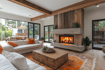Modern Rustic Living Room With Fireplace And Outdoor View