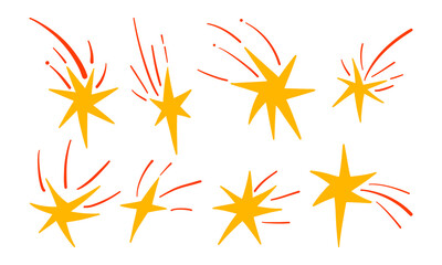 Dynamic Shooting Stars with Radiant Trails. A complete set of 8 vibrant shooting stars in yellow with red or orange trails, perfect for celestial and cosmic-themed designs