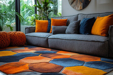 Modern living room sofa with orange and blue pillows