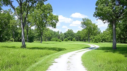 Fototapeta premium Winding Country Road Green Grass Summer Trees Blue Sky