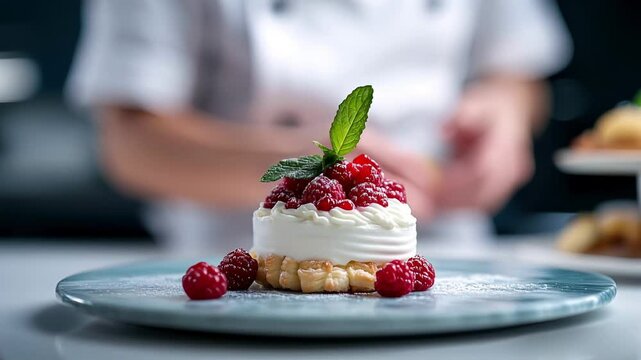 A skilled pastry chef decorates a stunning dessert, carefully placing fresh raspberries and mint leaves on top. The artistry and precision showcase the craft of dessert presentation