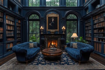 luxurious victorianstyle interior featuring elegant wall panels rich textures and a dark blue palette that exudes sophistication and timeless beauty in a stately setting