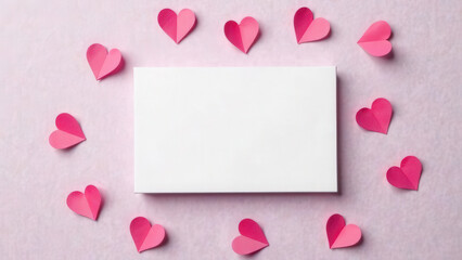 Business cards with pink paper hearts on pink background. Valentine's Day holiday. Copy space. Gift certificate with empty place for text. The party invitation. Love symbol. Festive decor. Top view