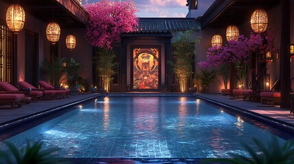 Obraz premium Relaxing evening at a tranquil poolside retreat outdoor setting