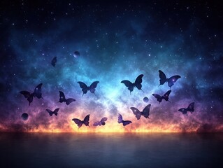 Ethereal Butterflies Flying Against a Starry Galaxy Background with Cosmic Elements and Vivid Colors in a Dreamlike Universe
