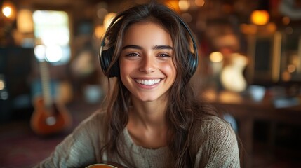 A smiling young woman wearing headphones, enjoying music in a cozy, artistic environment.