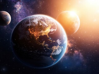 Obraz premium Stunning View of Earth Surrounded by Celestial Bodies in the Vastness of Space Highlighting the Beauty of Our Universe with Distant Planets and Stars