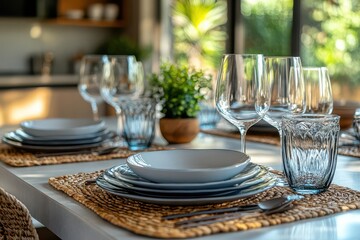 Fototapeta premium luxury table countertop displays an elegantly set dining scene with a softly blurred kitchen background inviting viewers to imagine culinary delights and exquisite moments shared over meals