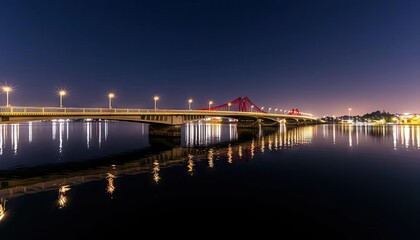 Obraz premium Night bridge reflection over water, city lights