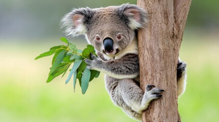 Fototapeta premium A koala clings to a tree, holding a eucalyptus leaf.
