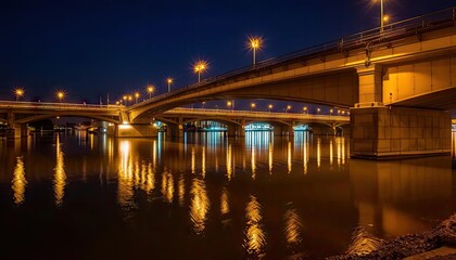 Night bridge over river, city lights reflected.  Possible use Stock photo