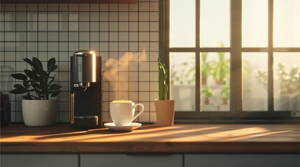 Morning Ritual: A steaming cup of coffee sits on a wooden countertop, bathed in the golden light of dawn, creating a cozy and inviting scene of a simple morning routine. 