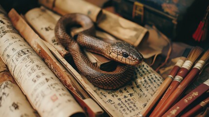 A carved snake rests on ancient scrolls and brushes