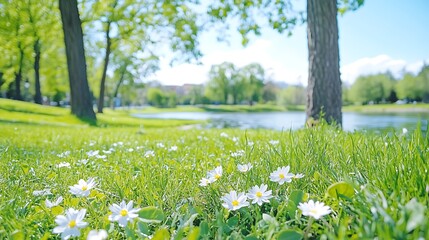 Fototapeta premium Spring Daisies in Sunny Park by Lake