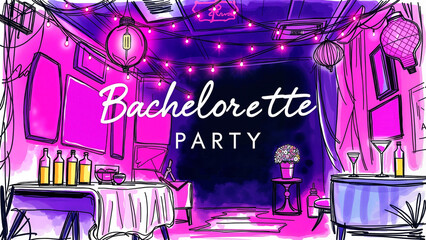 Invitation, invitation to a hen party. Artistic bachelorette party setup in neon style.