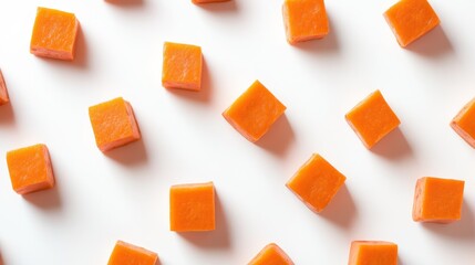Scattered orange square candies on white background.