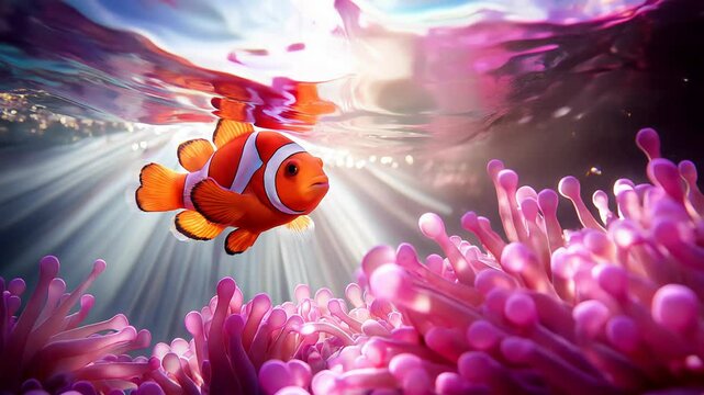 Stationary clownfish near pink sea anemone with sun's rays filtering down to seabed