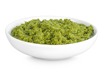Pesto sauce in ceramic bowl isolated on white background