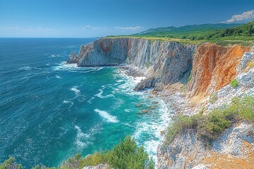 Obraz premium majestic coastal cliffs rise sharply from the vibrant blue ocean with waves crashing against the rocks creating an aweinspiring scene of natures power and beauty under a clear sky