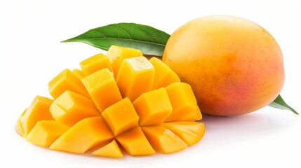Mango Delight: A juicy, ripe mango, sliced and ready to eat, captures the essence of tropical sweetness. The vibrant yellow flesh and green leaves evoke a sense of freshness and summery indulgence. 