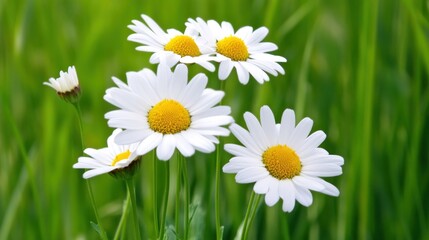 A cluster of daisies blooming in a green field.
