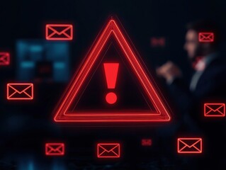 Glowing Red Holographic Warning Triangle Icon for Cybersecurity Alerts and Notifications with Email Symbols in Background for Digital Safety Themes