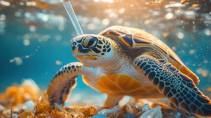 Sea Turtle Endangered by Ocean Plastic Pollution Underwater Wildlife Conservation Image