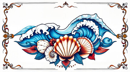 Invitation, invitation to a hen party. Seashells and ocean waves in decorative frame.