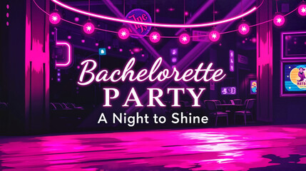 Invitation, invitation to a hen party. Neon-lit bachelorette party venue with decorations.