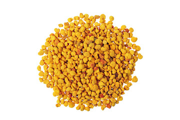 Bee pollen grains isolated on white background. Top view. Flat lay