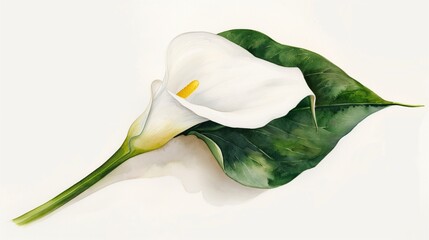 Elegant White Calla Lily: A single, delicate Calla lily with a vibrant yellow center,  is captured in stunning detail. Its white petals and glossy green leaf create a serene and sophisticated image.