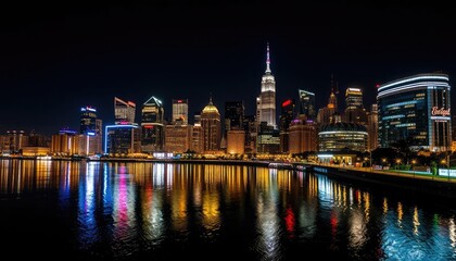 Fototapeta premium Night cityscape skyline reflection, urban lights, river. Possible use Stock photo
