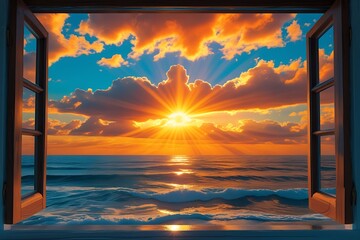 Fototapeta premium From wide-angle view of a luxurious cruise ship's window, vibrant and positive scene of a stunning sun seascape unfolds, with golden hues of a summer sunset casting a warm glow over tranquil sea, crea