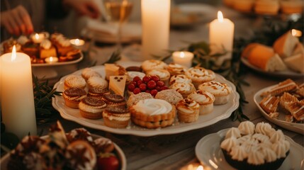Naklejka premium Gourmet Dessert Platter: A captivating close-up of a beautifully arranged dessert platter featuring an assortment of sweet treats, illuminated by warm candlelight.