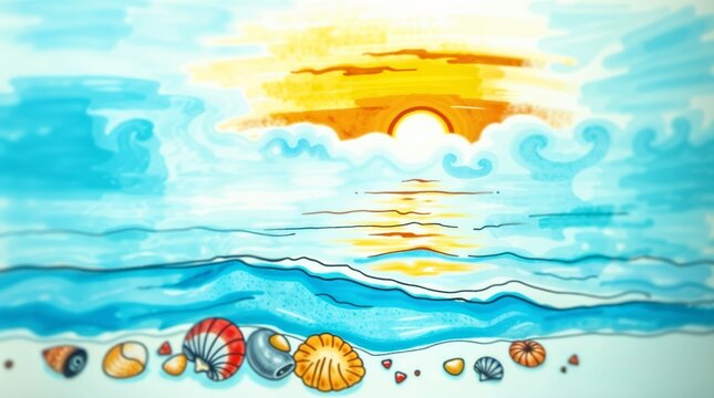 Invitation, invitation to a hen party. Hand-drawn ocean sunset with seashells on shore.