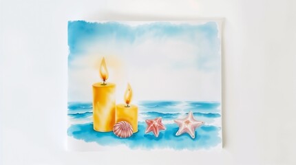 Invitation, invitation to a hen party. Watercolor beach scene with candles and seashells.