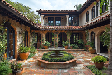 Fototapeta premium Spanish Style Courtyard Home Featuring Fountain And Lush Greenery