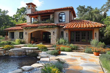 Fototapeta premium Stone House with Terracotta Roof and Landscaped Courtyard