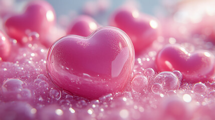 Fototapeta premium Candy world with big pink hearts, clouds, river