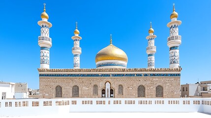 Obraz premium Majestic Mosque Architecture Golden Dome Minarets Blue Tiles
