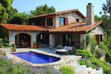 Obraz premium Stone House Mediterranean Style Pool Landscaping