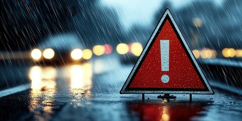 Warning. Warning sign on a wet road during heavy rain, with blurred headlights in the background.