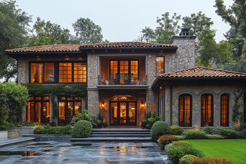 Obraz premium Luxurious Stone House Evening Illumination
