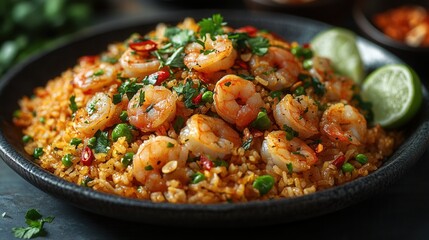 Delicious Spicy Shrimp Fried Rice with Peas Cilantro and Lime Wedges