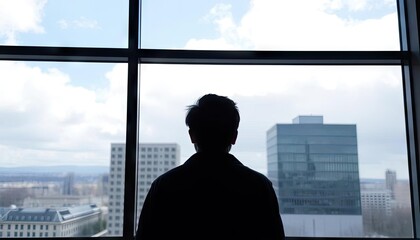Person contemplating city view from high window (1)