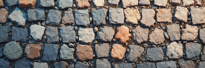 Rustic cobblestone pavement with uneven stones at dusk