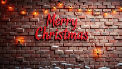 Fototapeta premium Christmas lights on brick wall with snow, festive message