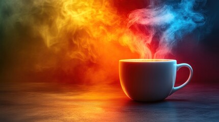 Obraz premium A steaming cup of beverage surrounded by colorful, swirling smoke.