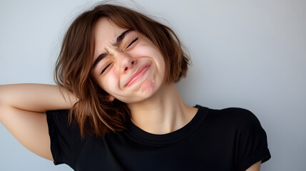 Fototapeta premium Young woman holding lower back, showing signs of back pain or muscle strain
