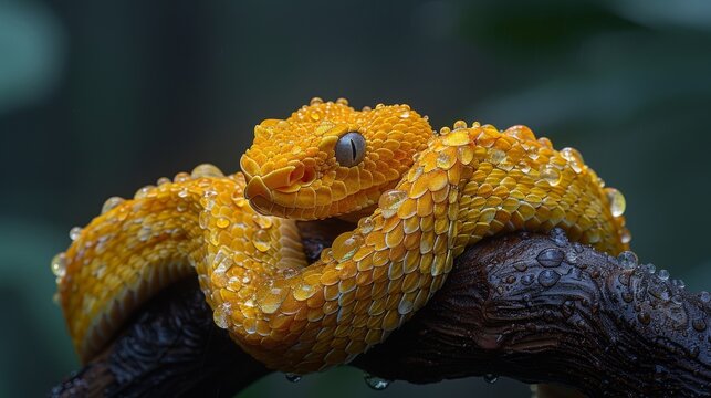 Rare golden lancehead viper resting on twisted branch in rainforest environment